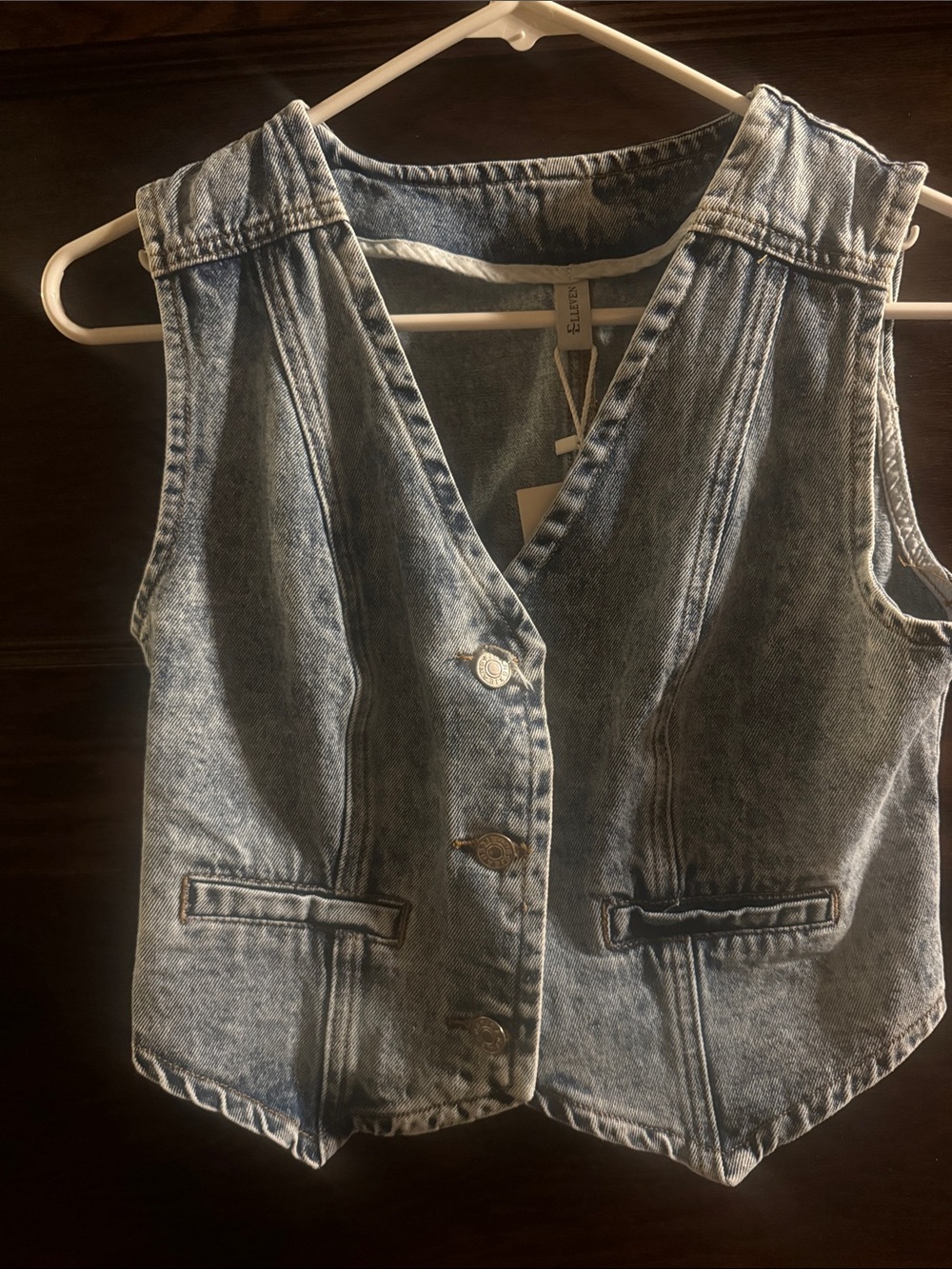 Washed Light Blue Denim Vest with Button Front